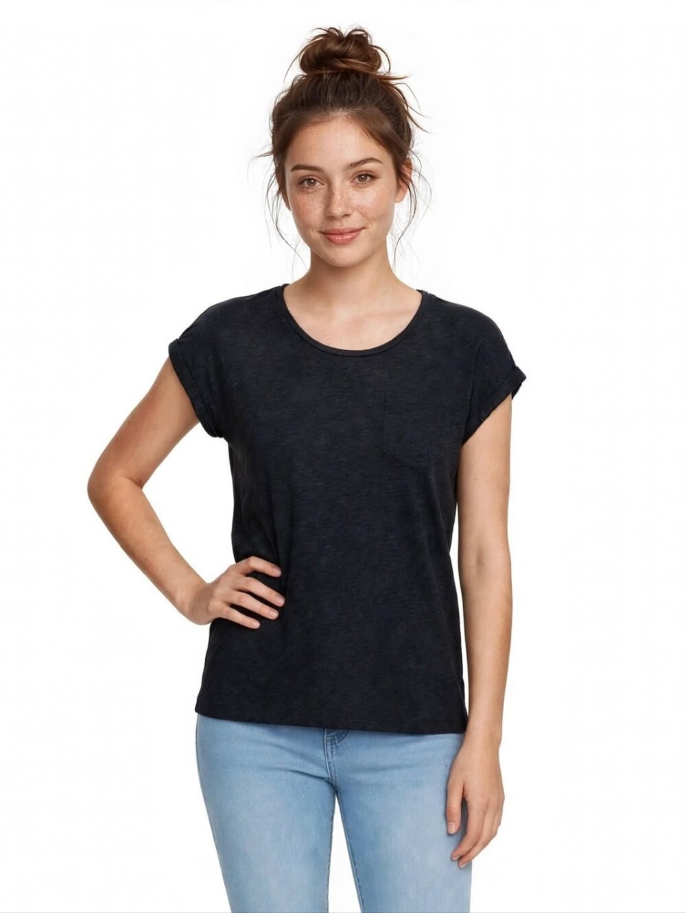 Max Studio Favorite Tee Women's Black Short Sleeve Pocket Top